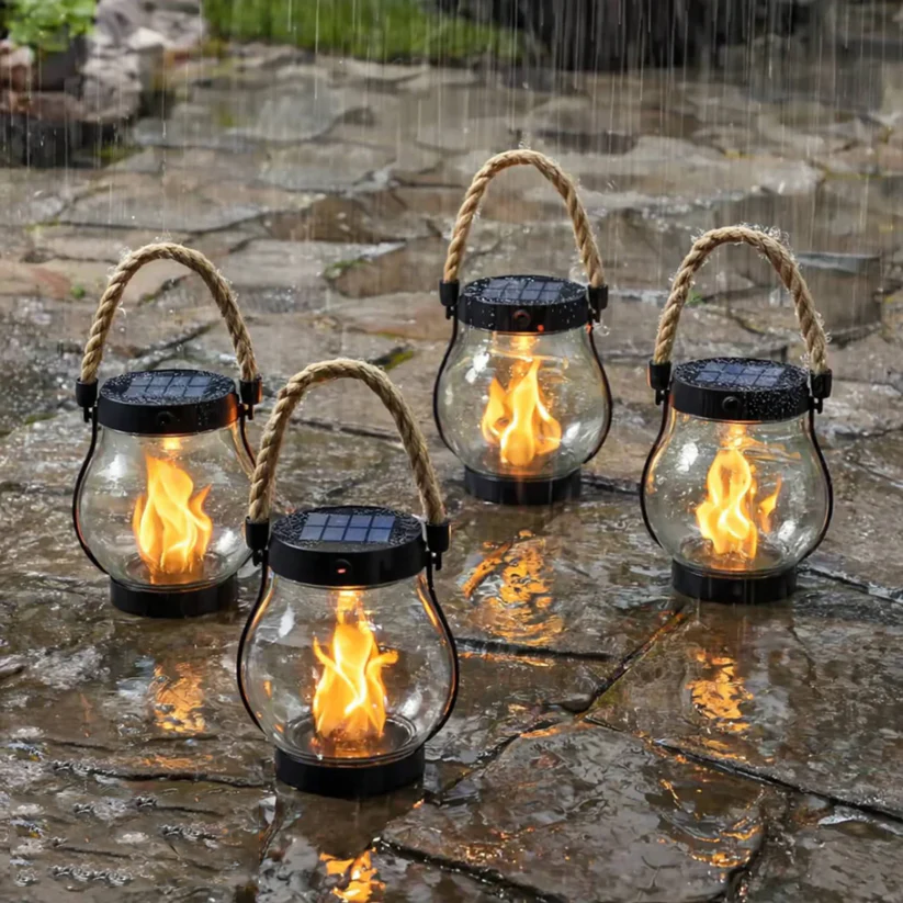 Rechargeable LED Flame Lantern with Solar Panel & Rope Handle for Patio Camping Outdoor Garden Decoration | Thomler