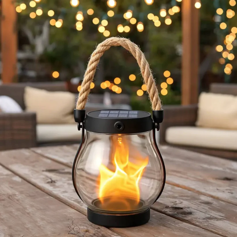 Rechargeable LED Flame Lantern with Solar Panel & Rope Handle for Patio Camping Outdoor Garden Decoration | Thomler