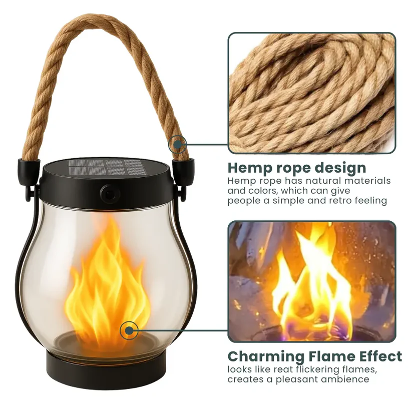 Rechargeable LED Flame Lantern with Solar Panel & Rope Handle for Patio Camping Outdoor Garden Decoration | Thomler