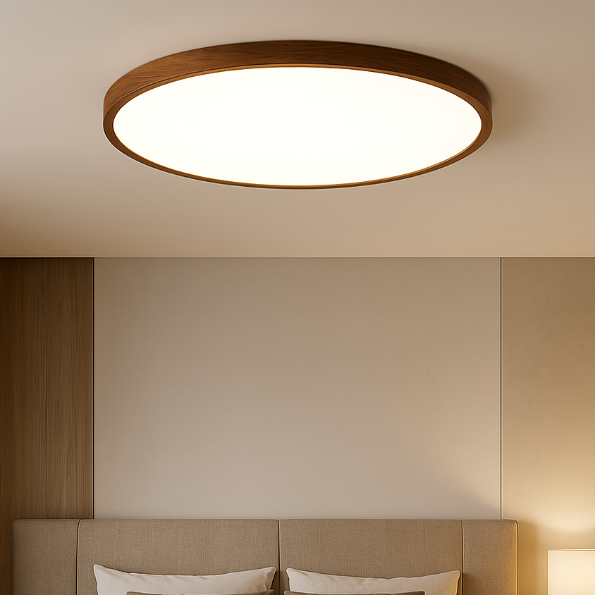 Wooden Flush Mount Ceiling Light Fixture – Natural Dark Grain Round LED Ceiling Lamp for Living Room Dining Room – Scandinavian Nordic | Thomler