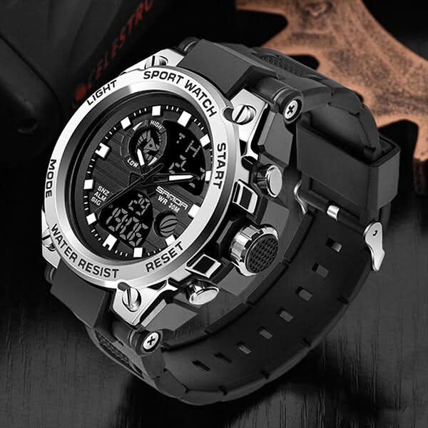 Tactical Men's Watch Dual Time Analog Digital Display Stopwatch Alarm LED Backlight Calendar Stainless Steel Case Silicone Band Shock | Thomler