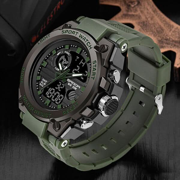 Tactical Men's Watch Dual Time Analog Digital Display Stopwatch Alarm LED Backlight Calendar Stainless Steel Case Silicone Band Shock | Thomler