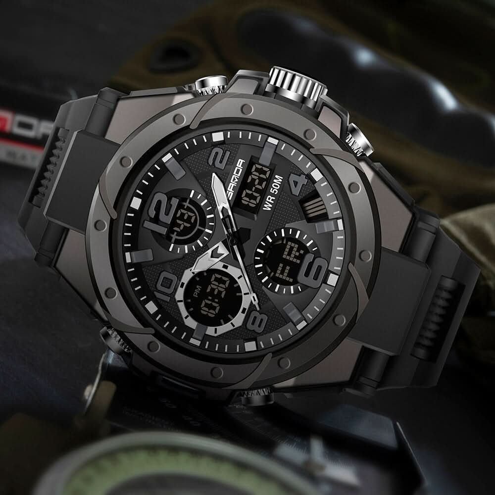 Tactical Men's Watch Dual Time Analog Digital Display Stopwatch Alarm LED Backlight Calendar Stainless Steel Case Silicone Band Shock | Thomler