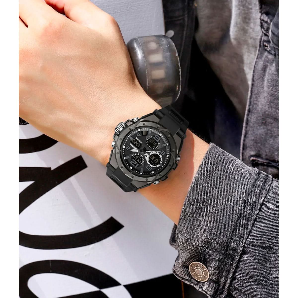 Tactical Men's Watch Dual Time Analog Digital Display Stopwatch Alarm LED Backlight Calendar Stainless Steel Case Silicone Band Shock | Thomler
