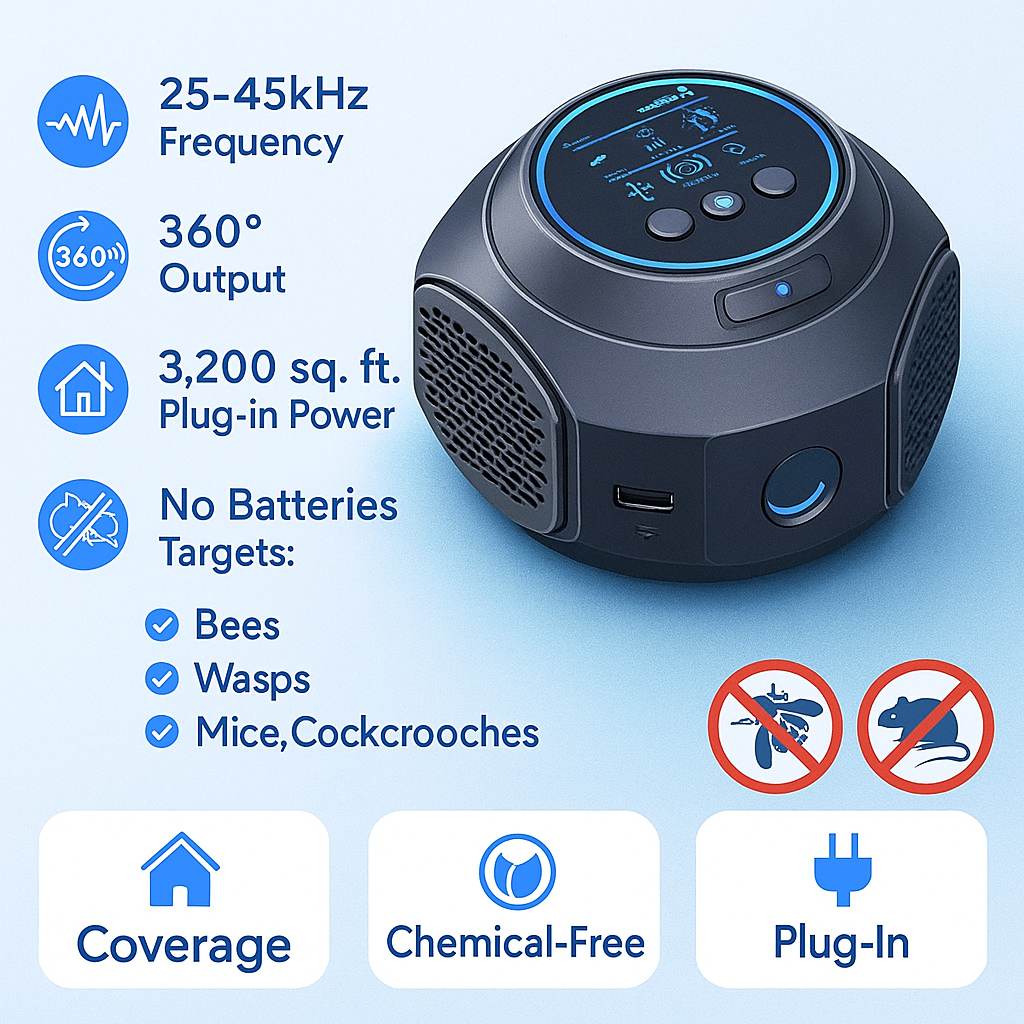 Ultrasonic Insect Repeller for Flying Pests | Plug-In Deterrent for Stinging Insects & Wood-Boring Bugs | Chemical-Free Home Defense | Thomler
