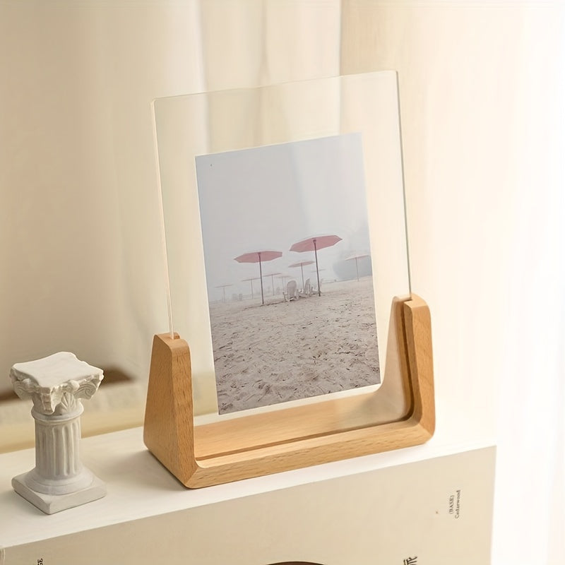 Clear Acrylic Photo Display Stand with Wood Base – Portrait or Landscape Picture Holder for Desk, Shelf, Bedroom Decor | Thomler