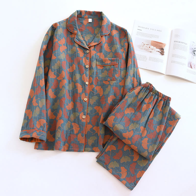 Women's Cotton Pajama Set with Buttons – Ginkgo Leaf Print Sleepwear Top & Pants for Lounging & Sleep | Thomler