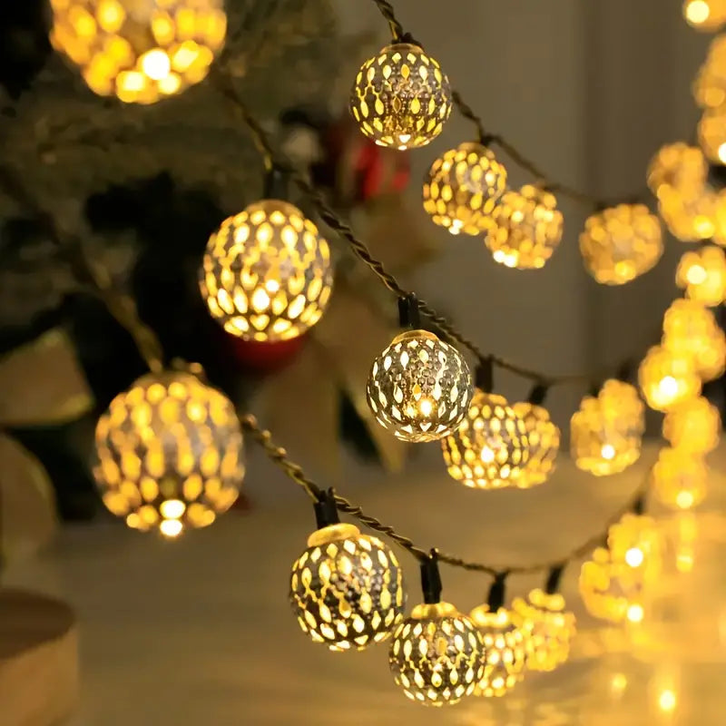 Moroccan Metal Globe String Lights Solar Powered Outdoor Patio Decor 20-30 Warm White LED Orbs Bohemian Weatherproof Garden Balcony | Thomler