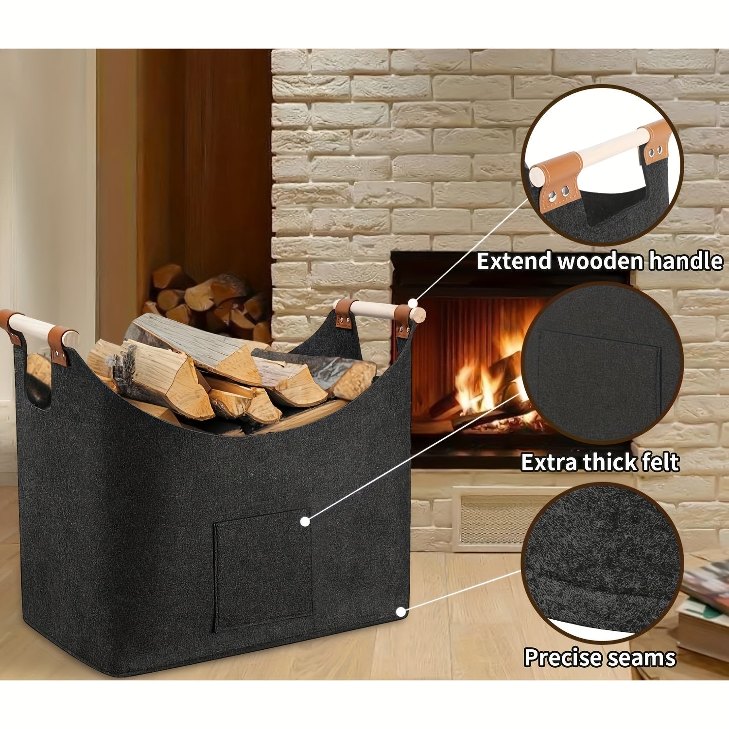 Collapsible Firewood Basket with Wooden Handles – 14.5 Gallon Felt Log Carrier for Living Room & Fireplace – Dark Gray Storage Bin | Thomler