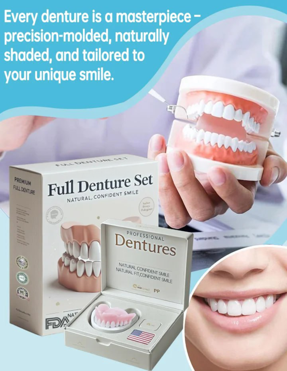 Moldable Cosmetic Denture Set Upper & Lower – Heat-Fit Natural White Teeth for Everyday Confidence | Thomler