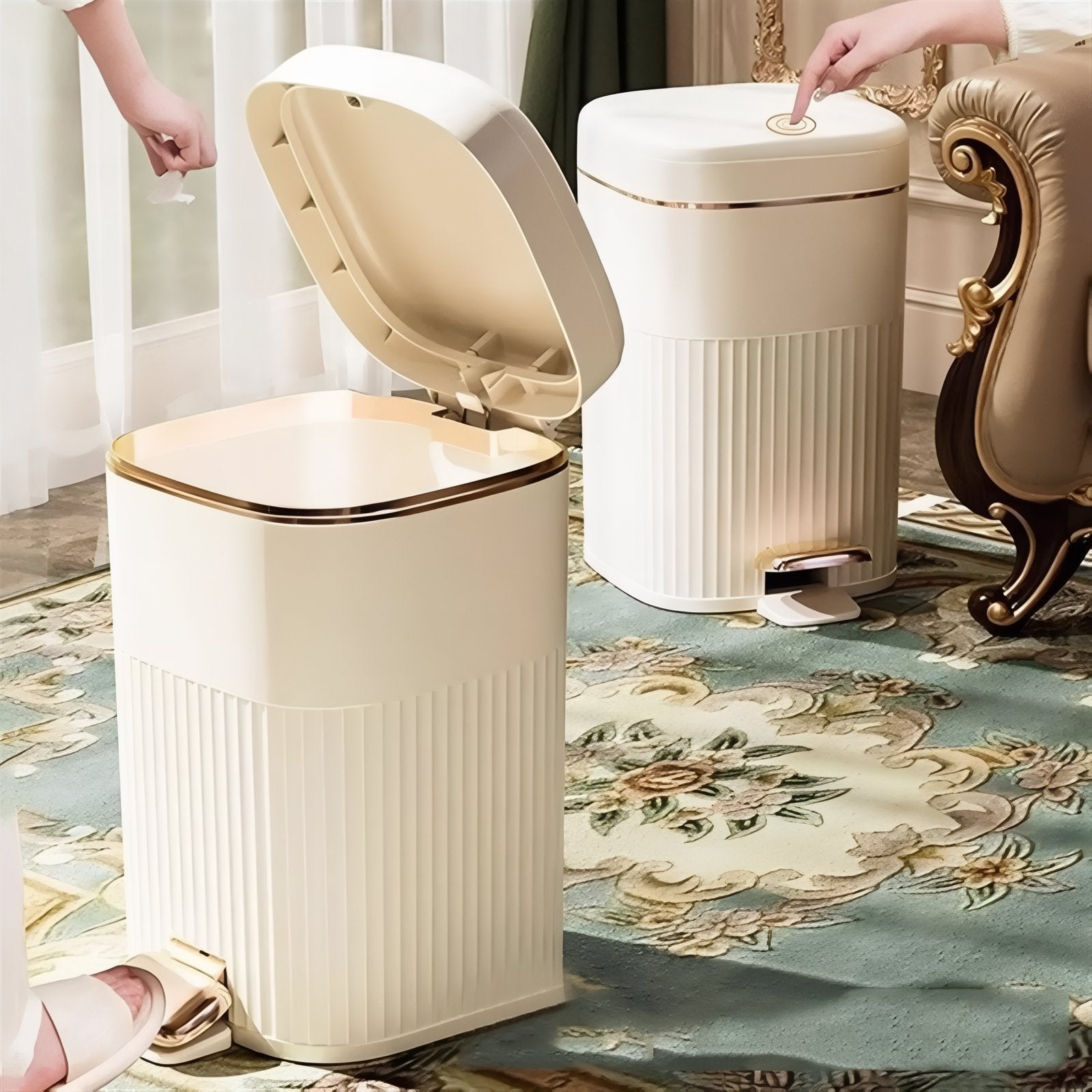 Pedal Bin Modern Ribbed Design Hands Free Bathroom Kitchen Waste Bin Soft Close Lid | Thomler