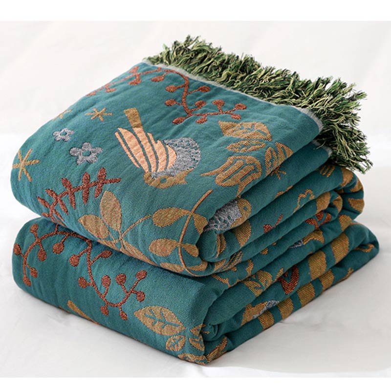Reversible Cotton Throw Blanket with Woven Bird & Floral Pattern, Tasseled Edge for Couch, Sofa, Bed – Double-Sided Bohemian Home Accent | Thomler