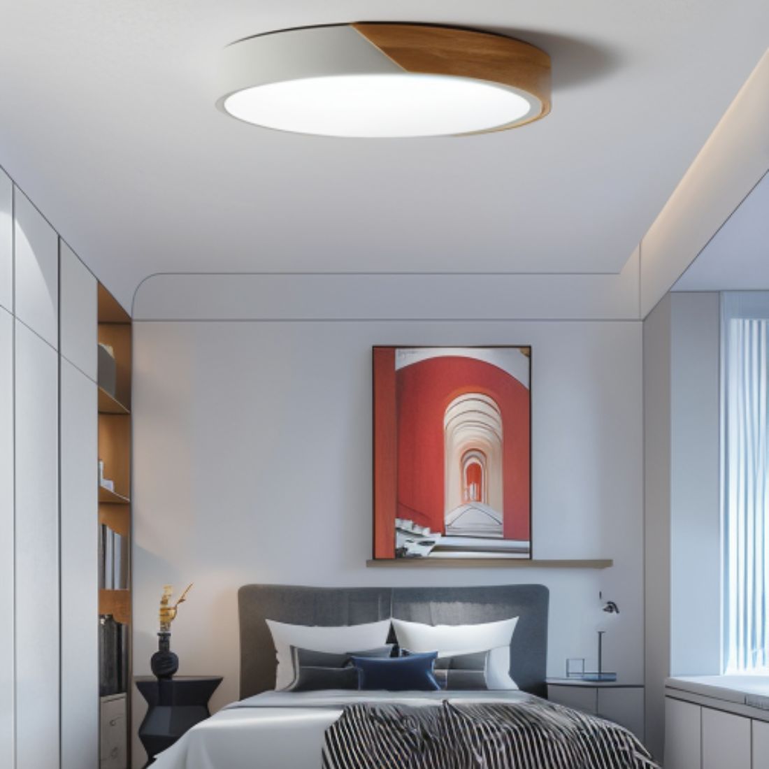 Ceiling Light Wood Metal LED Round 25.0 cm Modern Bedroom Living Room Flush Mount Minimalist Indoor Lighting | Thomler