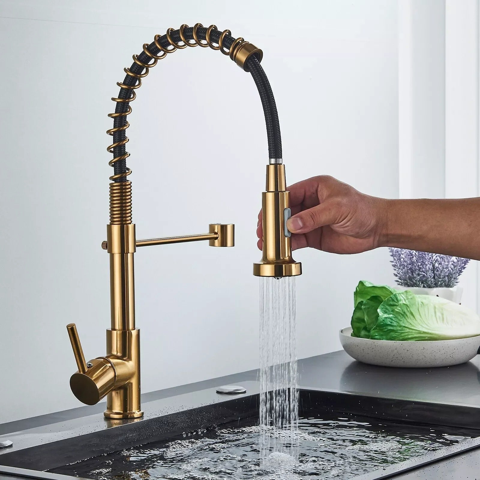 Kitchen Faucet Solid Brass 360° Swivel Pull Out Spray Head Modern Sink Mixer Tap For Double Sink Industrial Kitchen | Thomler