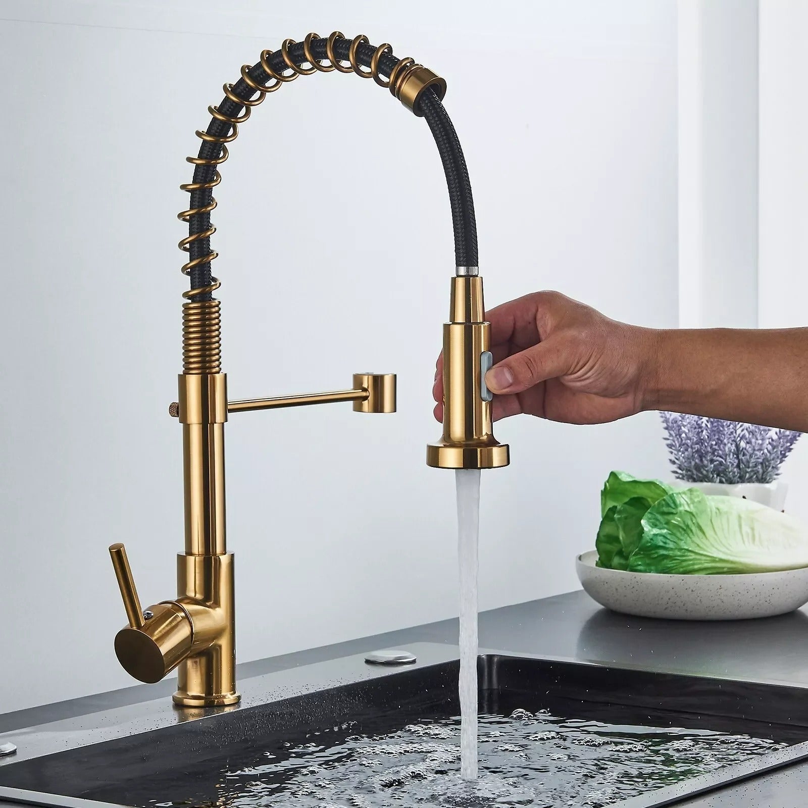 Kitchen Faucet Solid Brass 360° Swivel Pull Out Spray Head Modern Sink Mixer Tap For Double Sink Industrial Kitchen | Thomler