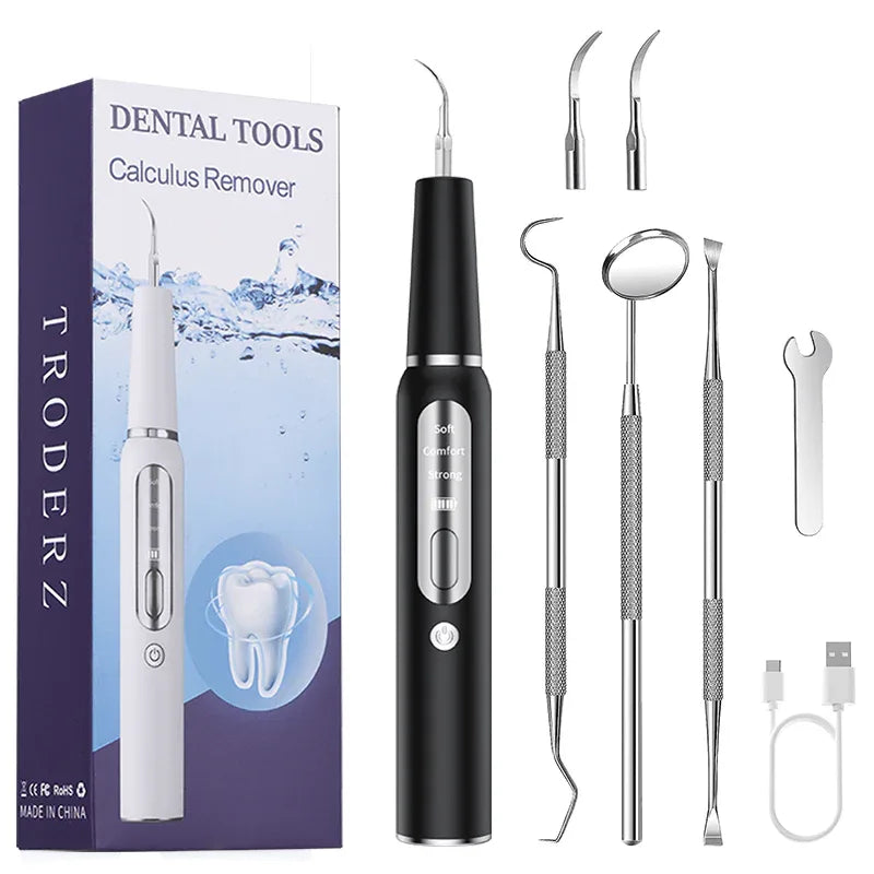 Ultrasonic Tooth Cleaner USB Rechargeable for Home Dental Care with LED Light & 3 Power Modes | Tartar Plaque Remover Kit with Stainless | Thomler