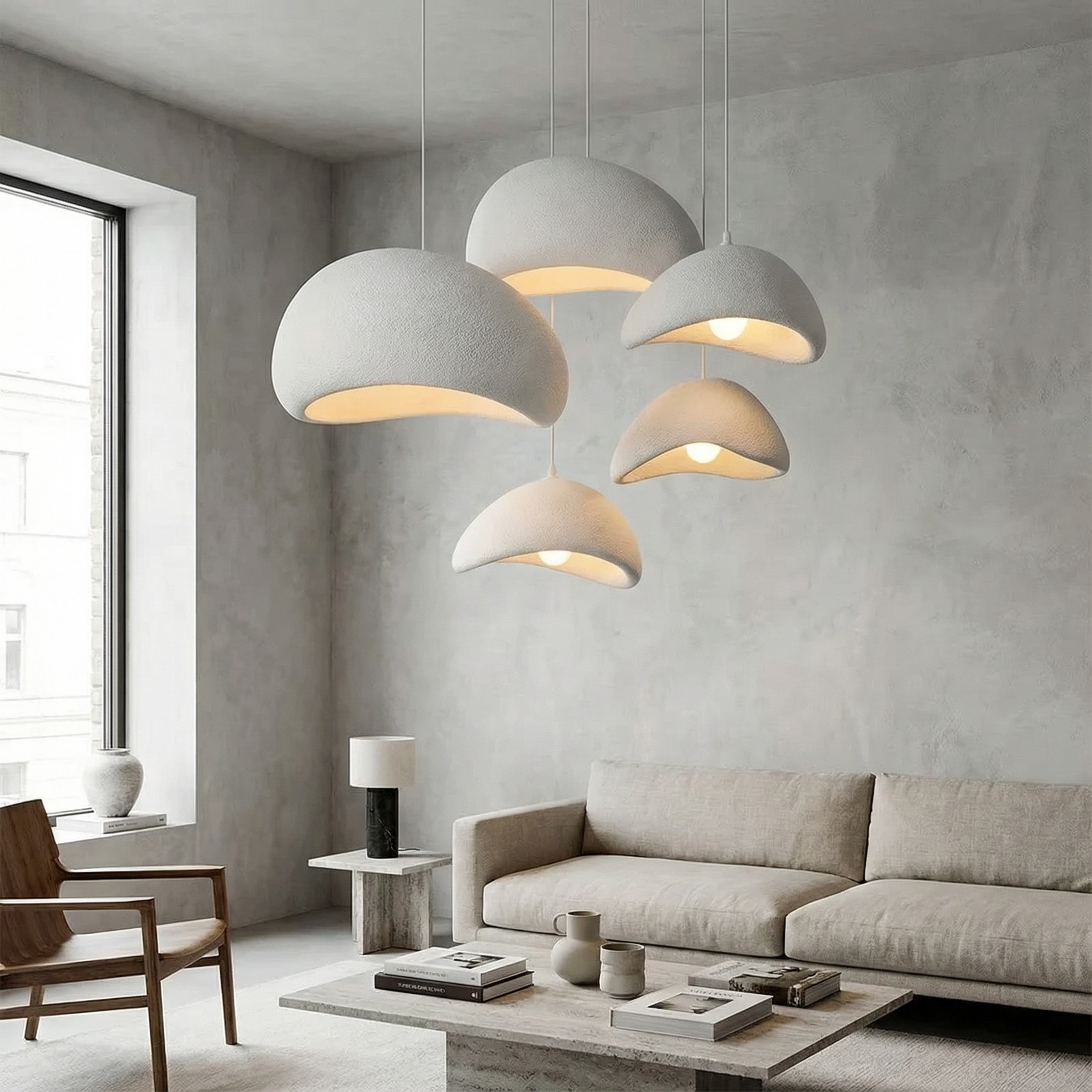 Stone-Look Dome Pendant Light Fixture in White & Gray – Organic Textured Ceiling Light for Kitchen Island Dining Room Bedroom – Modern Scand | Thomler