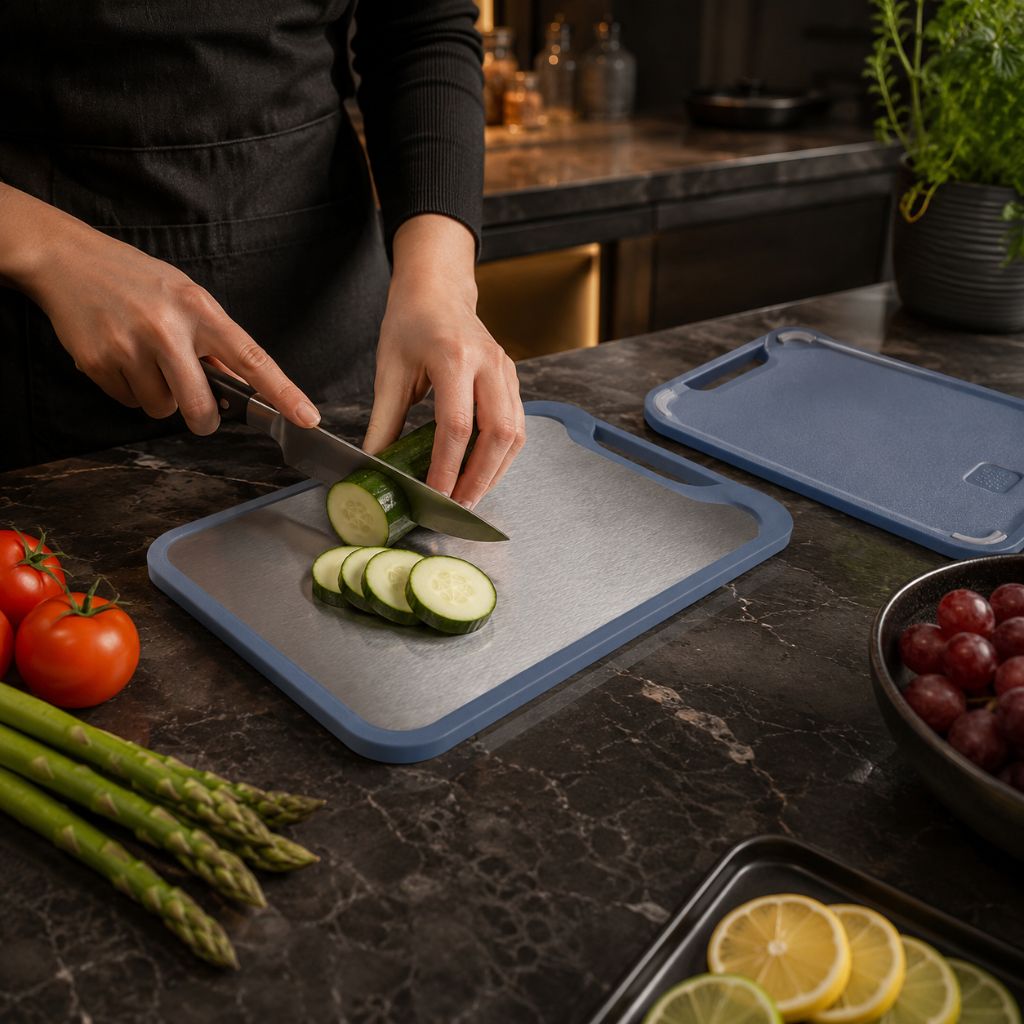 Reversible Steel & Plastic Prep Board with Juice Groove and Garlic Press for Kitchen Meat Vegetables Fruit Countertop Cooking | Thomler