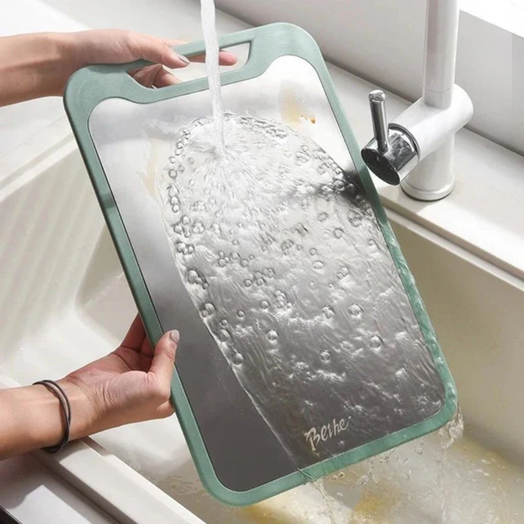 Reversible Steel & Plastic Prep Board with Juice Groove and Garlic Press for Kitchen Meat Vegetables Fruit Countertop Cooking | Thomler