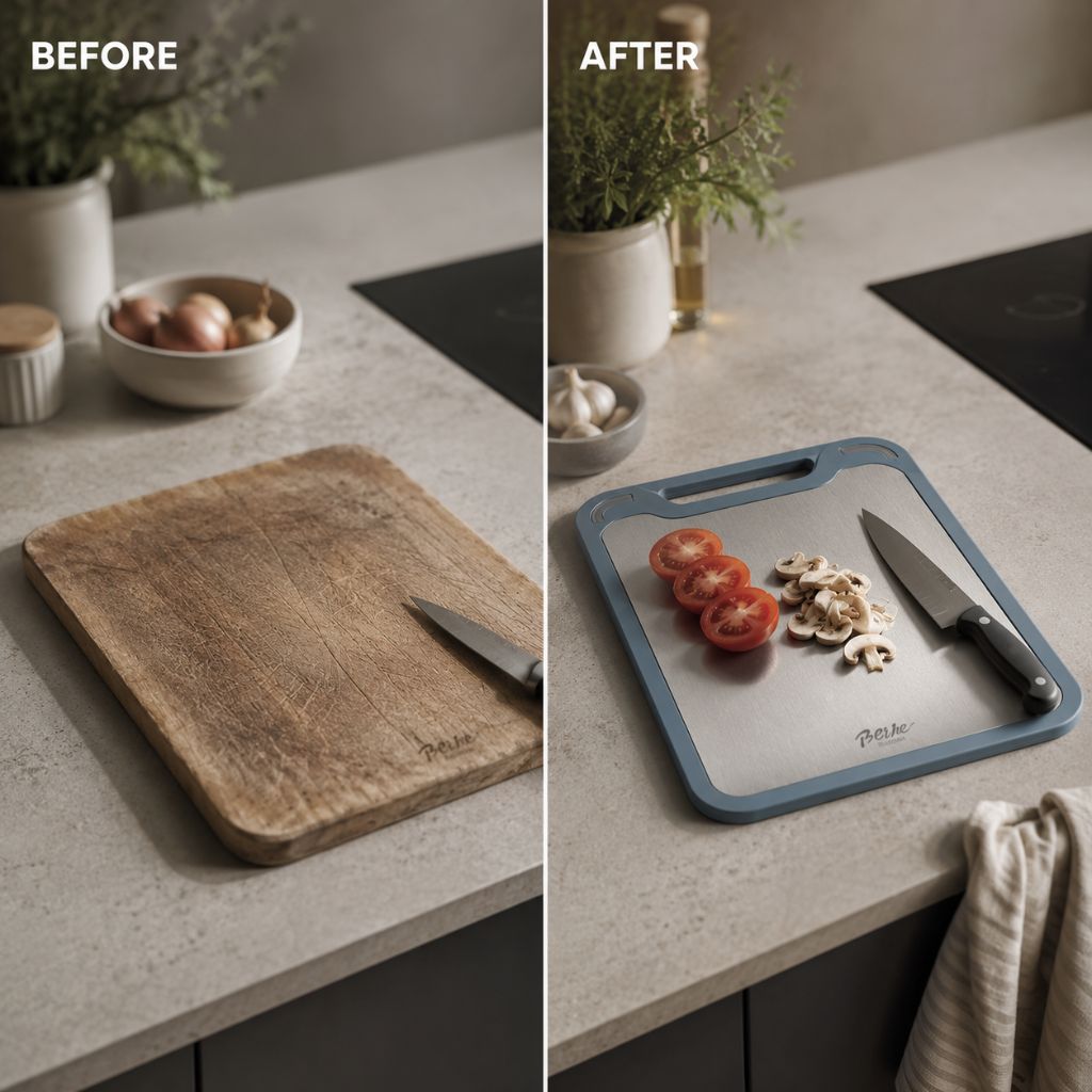 Reversible Steel & Plastic Prep Board with Juice Groove and Garlic Press for Kitchen Meat Vegetables Fruit Countertop Cooking | Thomler