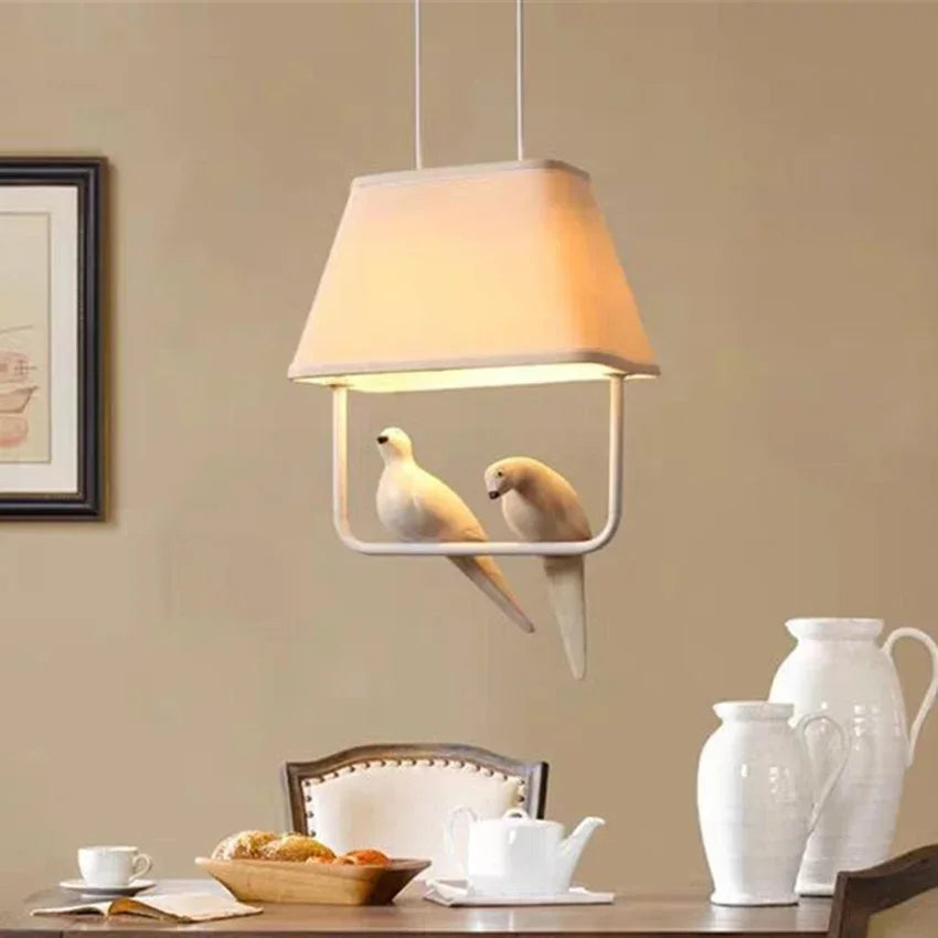 Pendant Light Fabric Shade E27 Beige Dining Room Bird Decorative Hanging Ceiling Lamp Living Room Statement Lighting | Thomler