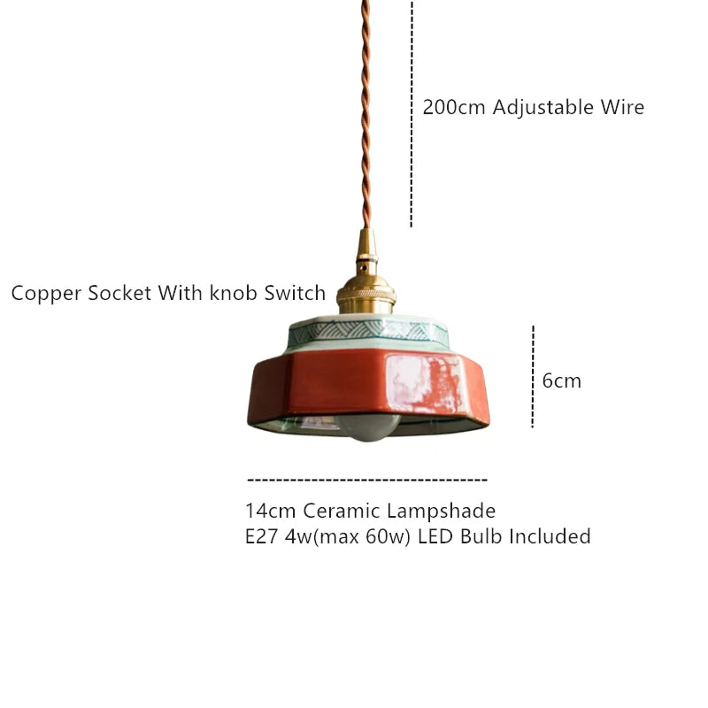 Ceramic Hanging Lamp with Hand-Painted Design & Copper Socket for Kitchen Island, Dining Room, Bedroom & Cafe | Scandinavian Style Fixture | Thomler