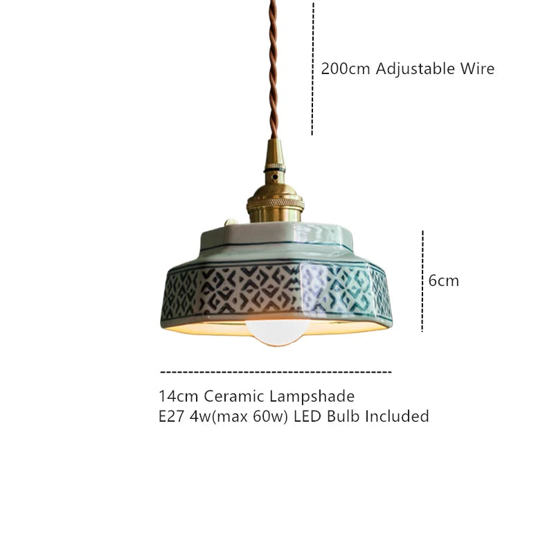 Ceramic Hanging Lamp with Hand-Painted Design & Copper Socket for Kitchen Island, Dining Room, Bedroom & Cafe | Scandinavian Style Fixture | Thomler