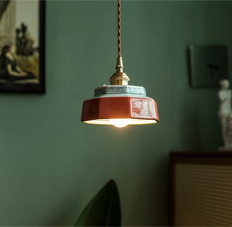 Ceramic Hanging Lamp with Hand-Painted Design & Copper Socket for Kitchen Island, Dining Room, Bedroom & Cafe | Scandinavian Style Fixture | Thomler