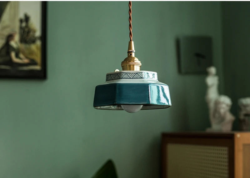 Ceramic Hanging Lamp with Hand-Painted Design & Copper Socket for Kitchen Island, Dining Room, Bedroom & Cafe | Scandinavian Style Fixture | Thomler