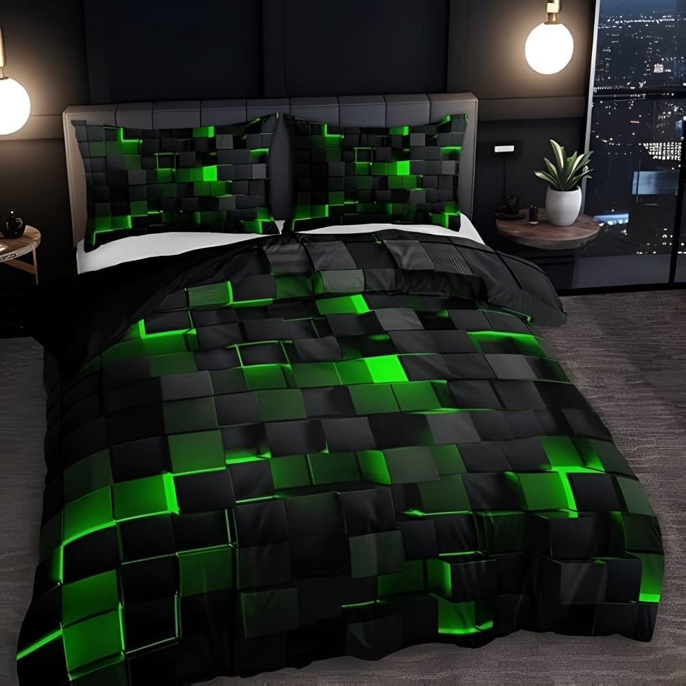 3-Piece Neon Grid Duvet Cover Set – Geometric Microfiber Bedding for Year-Round Comfort – Twin, Full, Queen, King Sizes – Modern Gaming | Thomler