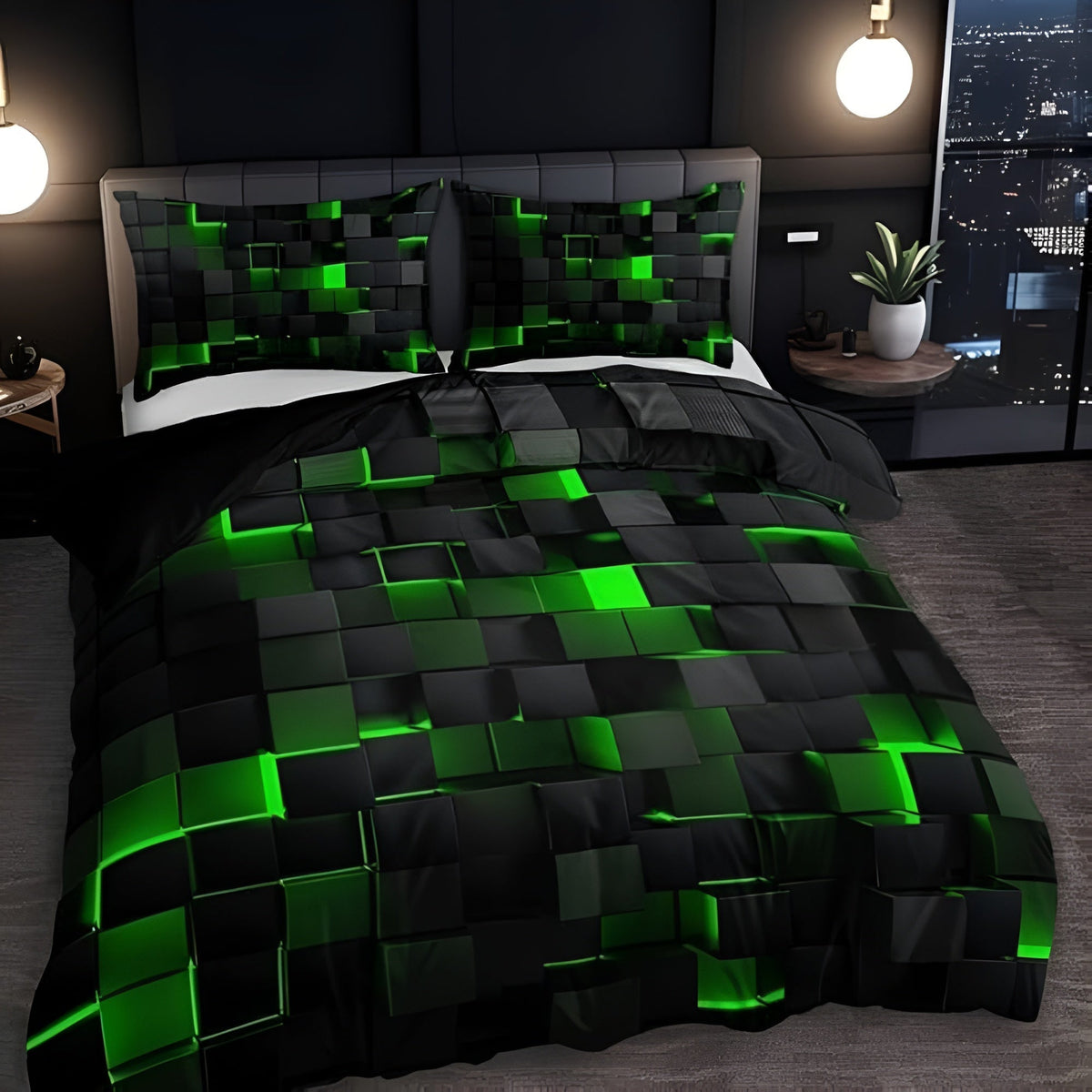 Neon Grid Comforter Cover Set with Pillowcases – 3D Geometric Cyberpunk Bedding for Modern Bedroom Decor – Breathable Microfiber | Thomler