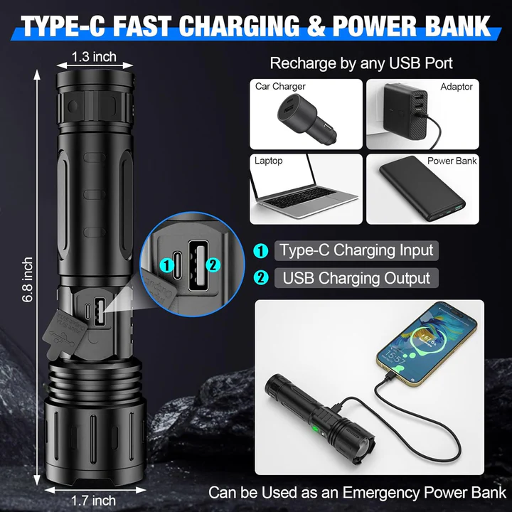 100,000 Lumen Rechargeable Tactical Flashlight with 1,000 ft Beam Range & 5 Light Modes for Camping, Hiking, Emergency Use & Power Bank | Thomler