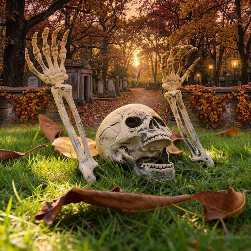 Ground-Emerging Skeleton Yard Stakes – Skull & Arms Halloween Lawn Decor for Outdoor Garden & Graveyard Scenes | Thomler