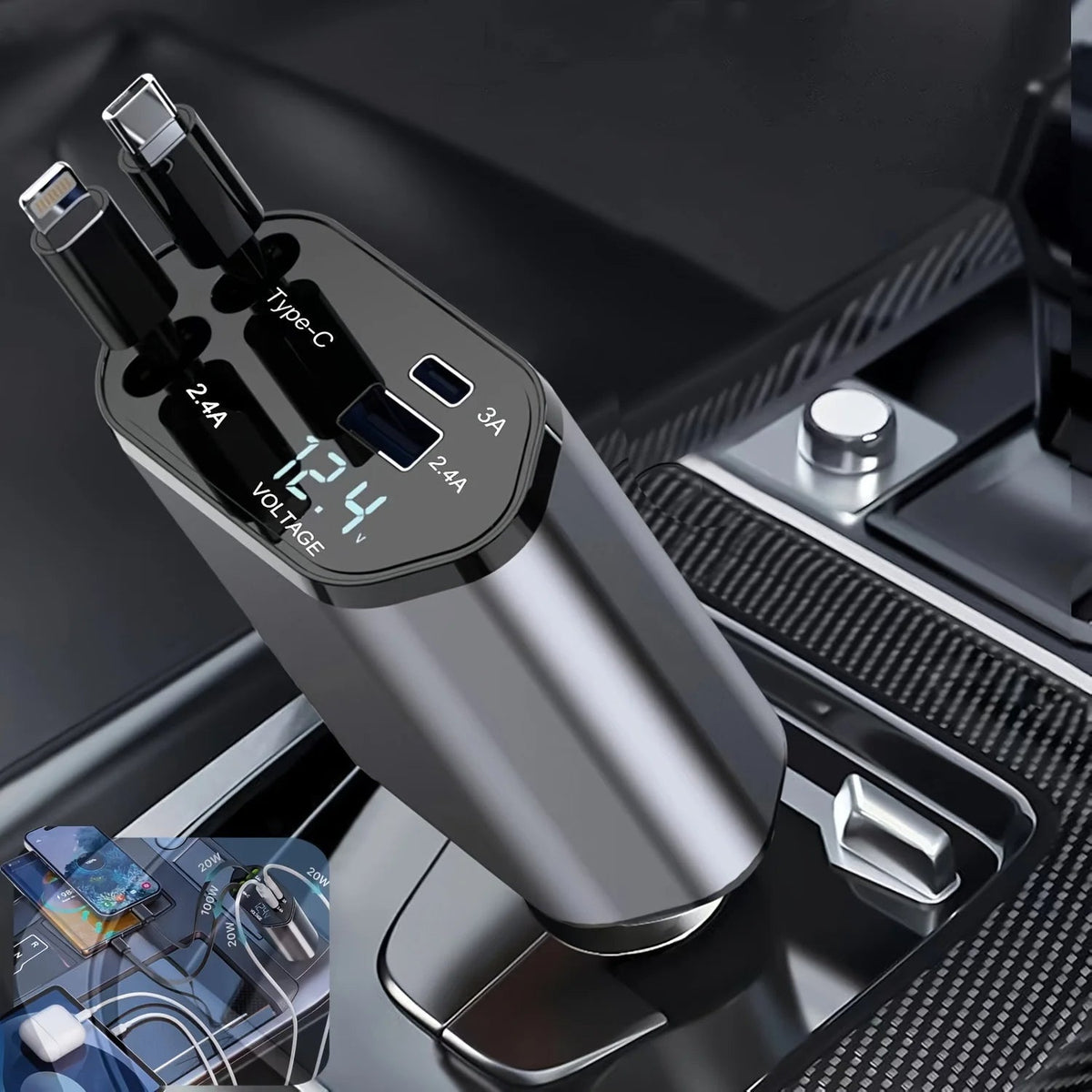 Dual-Cable 120W Vehicle Power Adapter with Voltage Monitor & Rotating Head | Thomler