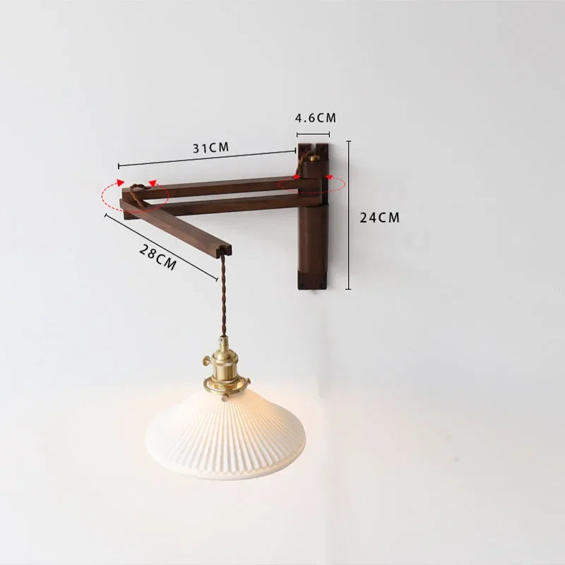 Swing Arm Ceramic Wall Sconce with Wood Bracket and Knob Switch for Bedroom Hallway Reading Nook Vintage Plug-In Lighting | Thomler