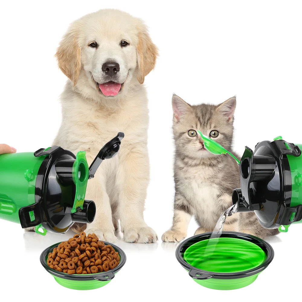 Travel Water & Food Dispenser for Dogs – Dual-Chamber Bottle with Collapsible Bowl | Thomler