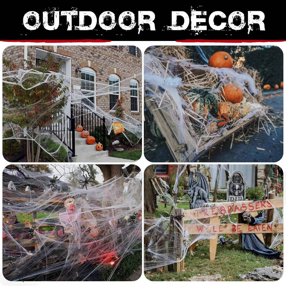 Stretchable Cobweb Set with 9 Plastic Spiders for Indoor & Outdoor Halloween Display – Covers 200 Sq Ft – Reusable Synthetic Web Material | Thomler