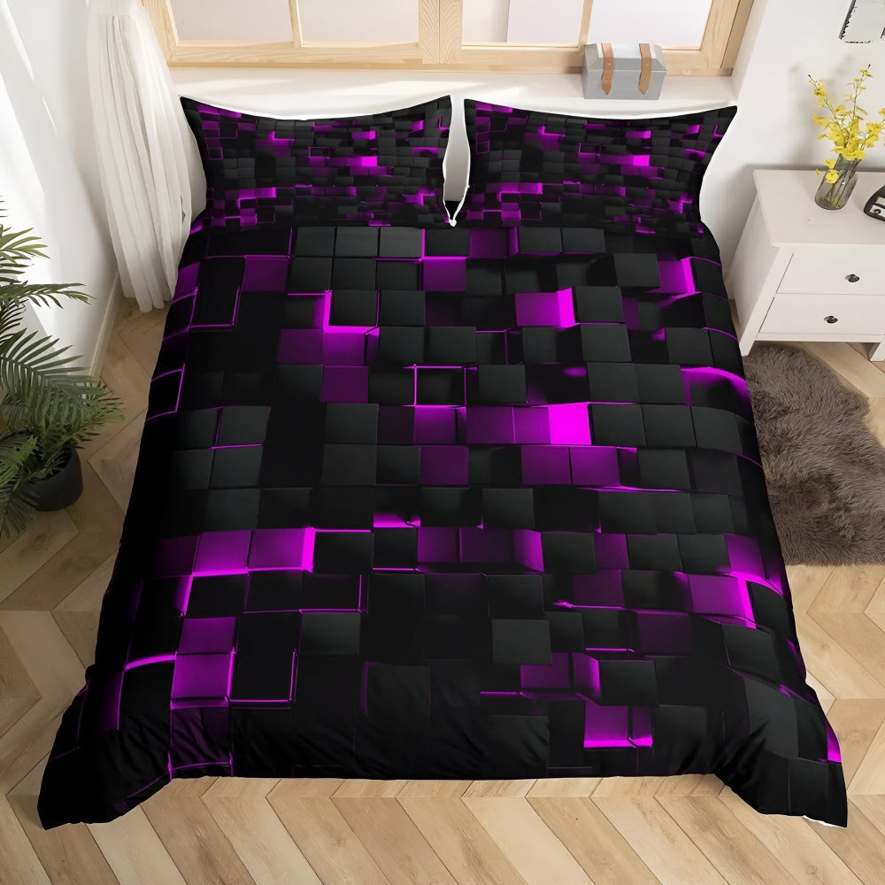 3-Piece Neon Grid Duvet Cover Set – Geometric Microfiber Bedding for Year-Round Comfort – Twin, Full, Queen, King Sizes – Modern Gaming | Thomler