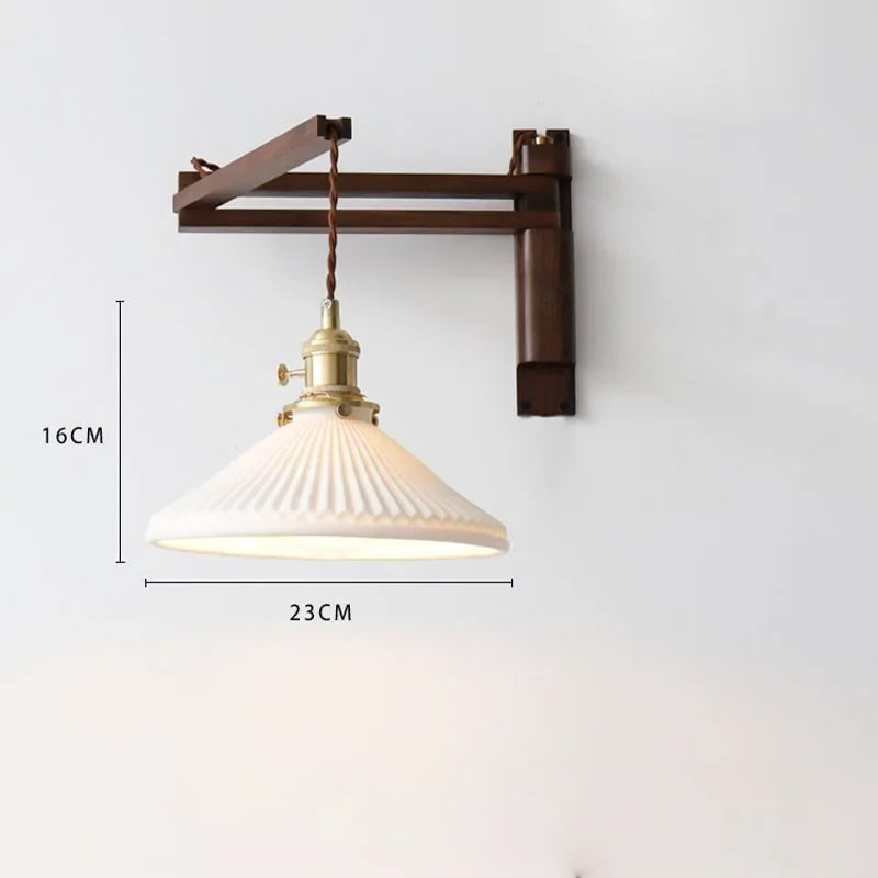 Swing Arm Ceramic Wall Sconce with Wood Bracket and Knob Switch for Bedroom Hallway Reading Nook Vintage Plug-In Lighting | Thomler