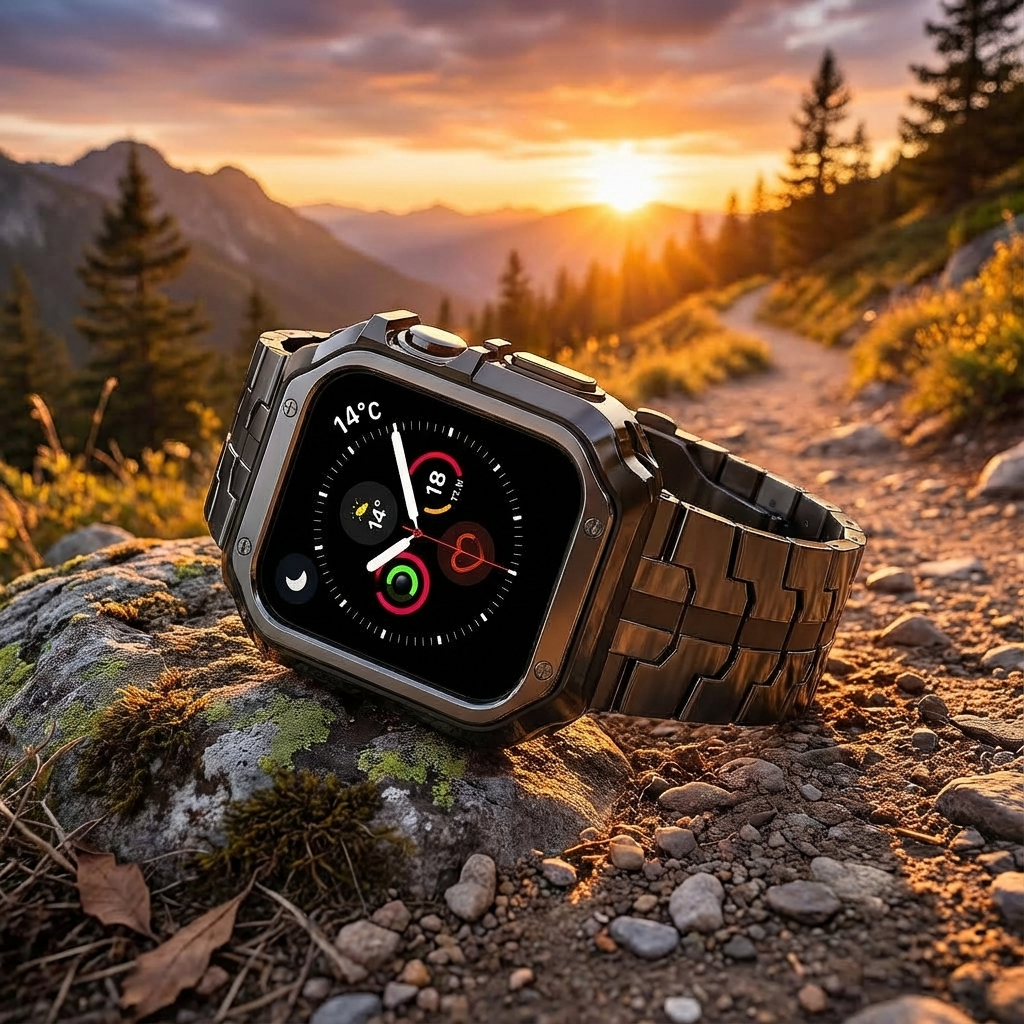 Metal Link Band & Protective Case Set for Apple Watch – Adjustable Bracelet with Matching Frame, Butterfly Clasp & Sizing Tool for Series | Thomler