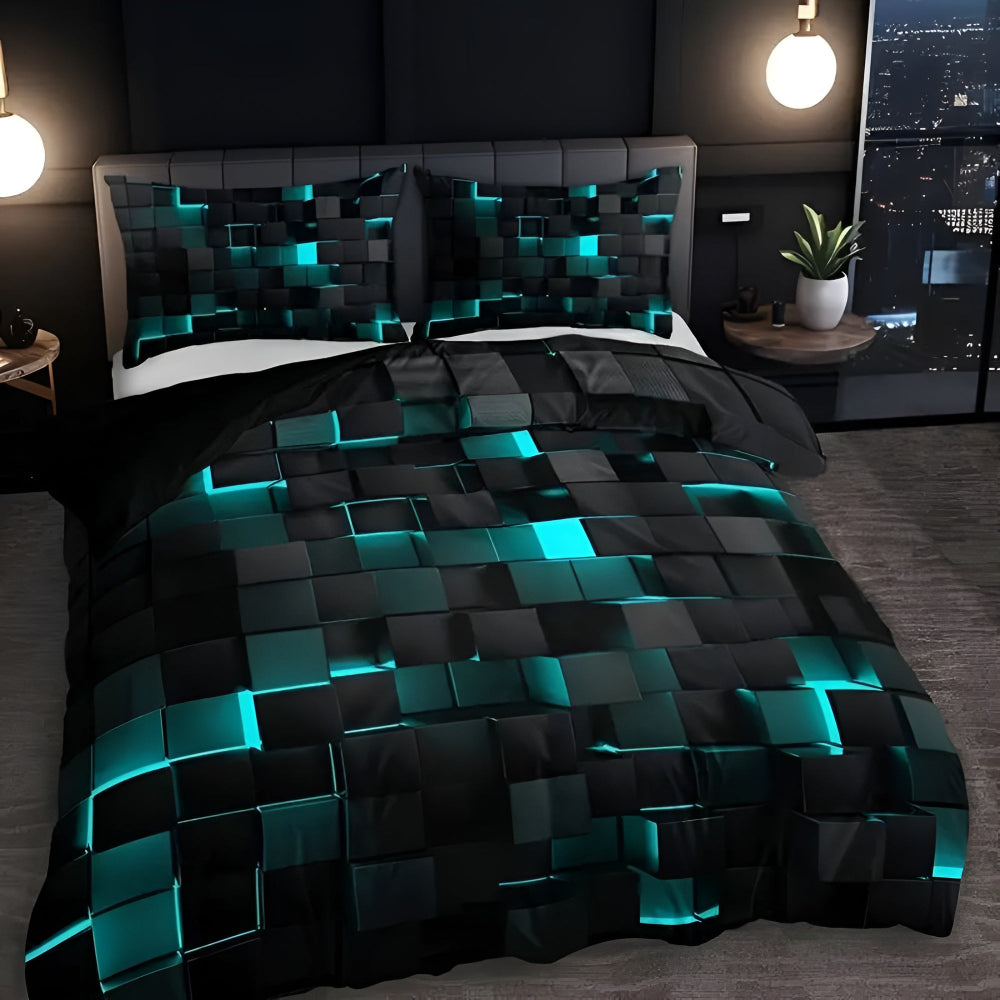 3-Piece Neon Grid Duvet Cover Set – Geometric Microfiber Bedding for Year-Round Comfort – Twin, Full, Queen, King Sizes – Modern Gaming | Thomler