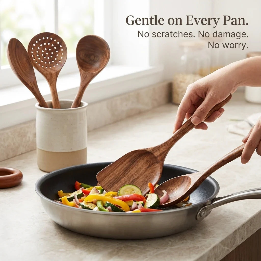 Teak Cooking Spoons & Spatulas – 7-Piece Natural Wood Kitchen Tool Set | Thomler