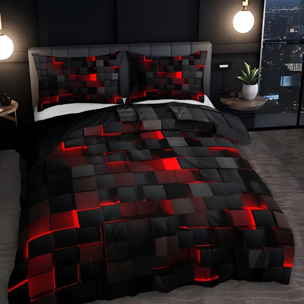 3-Piece Neon Grid Duvet Cover Set – Geometric Microfiber Bedding for Year-Round Comfort – Twin, Full, Queen, King Sizes – Modern Gaming | Thomler