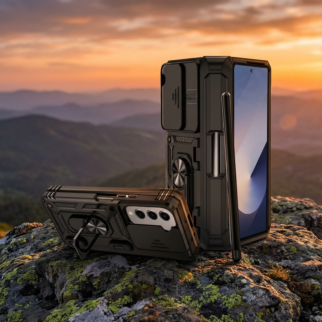 Protective Foldable Phone Case with Sliding Camera Guard, Ring Stand & Stylus Slot for Samsung Galaxy Z Fold 7, Z Fold 6, Z Fold 5 | Thomler
