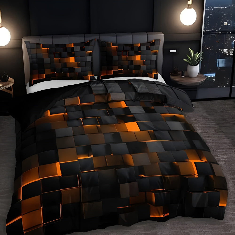 3-Piece Neon Grid Duvet Cover Set – Geometric Microfiber Bedding for Year-Round Comfort – Twin, Full, Queen, King Sizes – Modern Gaming | Thomler