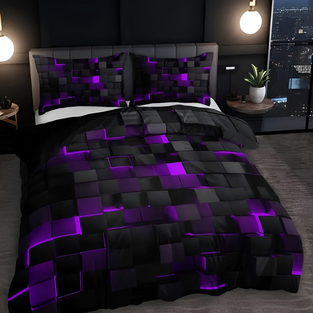 3-Piece Neon Grid Duvet Cover Set – Geometric Microfiber Bedding for Year-Round Comfort – Twin, Full, Queen, King Sizes – Modern Gaming | Thomler