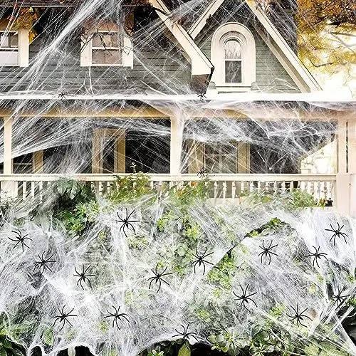 Stretchable Cobweb Set with 9 Plastic Spiders for Indoor & Outdoor Halloween Display – Covers 200 Sq Ft – Reusable Synthetic Web Material | Thomler