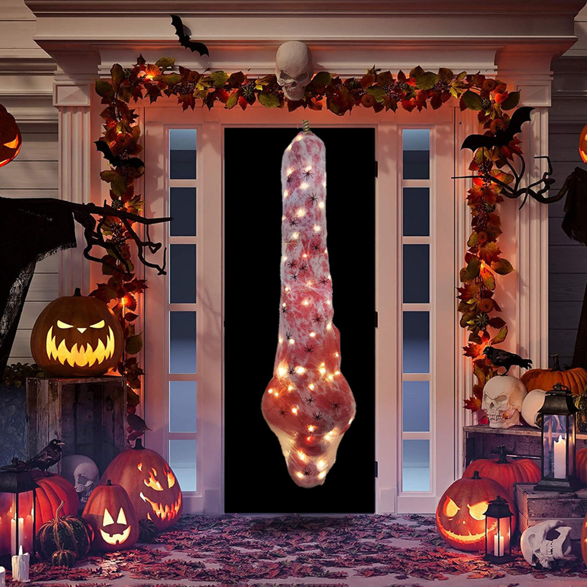 59-Inch Suspended Skeleton Wrapped in Webbed Shroud with Built-In Warm LED Strand – Hanging Halloween Prop for Porch, Yard, Tree Display | Thomler