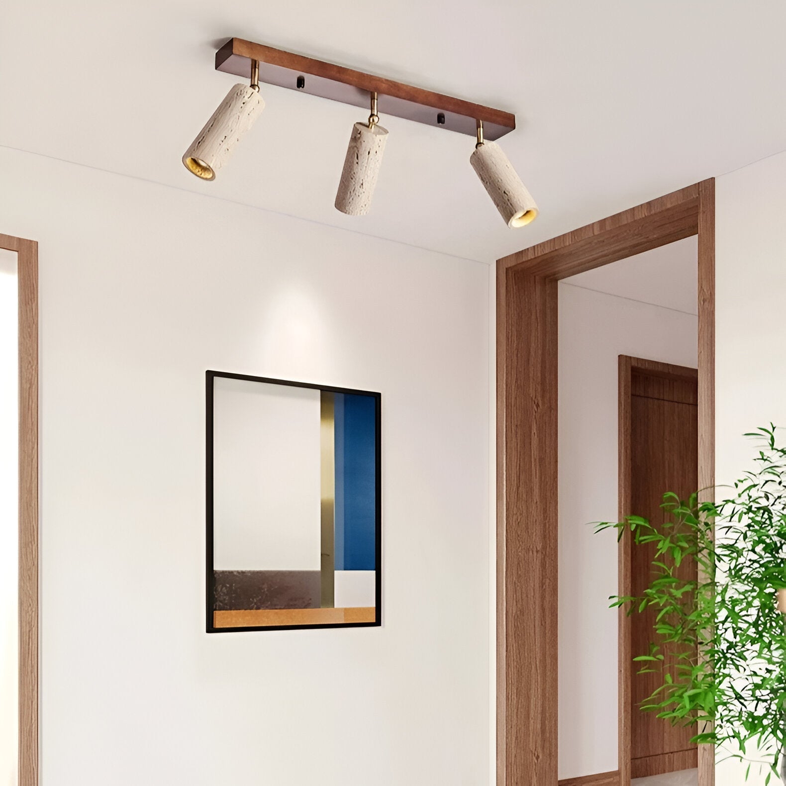 Ceiling Spotlight Travertine Wood 23.6 in 3 Head Adjustable Indoor Lighting Fixture Modern Surface Mounted Accent Lamp | Thomler