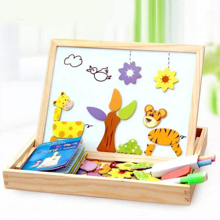 Double-Sided Wooden Drawing & Puzzle Board for Kids – Magnetic Pieces, Dry-Erase & Chalkboard, Travel Storage Case | Thomler